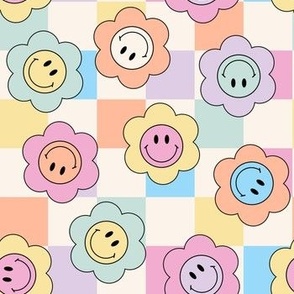 Small Pastel Smiley Face Flowers on Checks colorful Bold Playful Fun Boho Kids