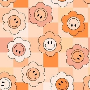 Small Retro Orange Smiley Face Flowers on Checks fall Bold Playful Fun Mango Kids