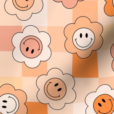 Retro Orange Smiley Face Flowers on Checks fall Bold Playful Fun Boho Kids