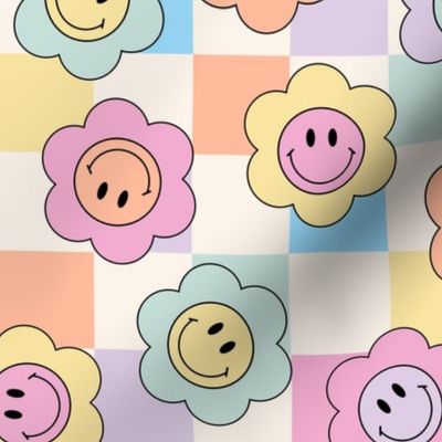 Pastel Smiley Face Flowers on Checks colorful Bold Playful Fun Boho Kids