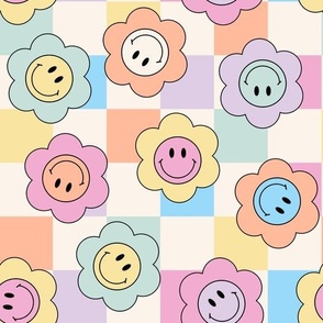 Pastel Smiley Face Flowers on Checks colorful Bold Playful Fun Boho Kids