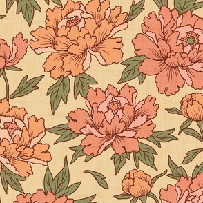 peony bloom on peach sepia vanilla linen texture background