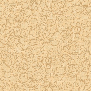 vanilla golden yellow linen texture with sepia peony floral outline