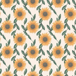Vintage Boho sunflowers and leaves | Cream | Wallpaper and fabrics | medium scale