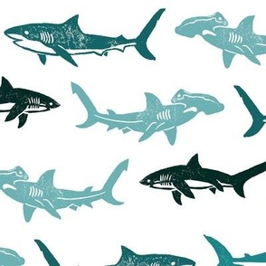 Sharks Block Print Ocean Stripes Turquoise Teal by Angel Gerardo - Large Scale
