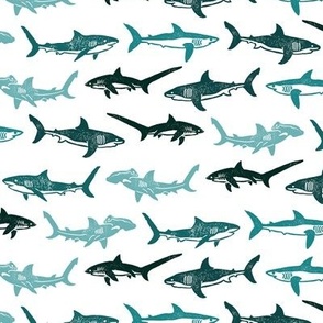Sharks Block Print Ocean Stripes Turquoise Teal by Angel Gerardo