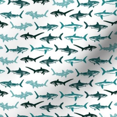 Sharks Block Print Ocean Stripes Turquoise Teal by Angel Gerardo - Small Scale