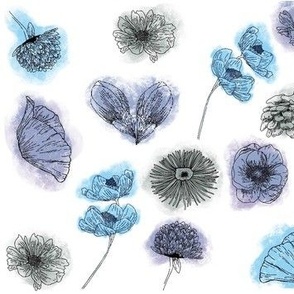 Sea blue florals, line drawing, flowers, home decor, botanical, curtains, bedding, dress making -  8.2 x 7.1”
