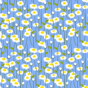 Retro Modern Summer Daisy Flowers On Sky Blue Repeat Pattern