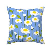 Retro Modern Summer Daisy Flowers On Sky Blue Repeat Pattern