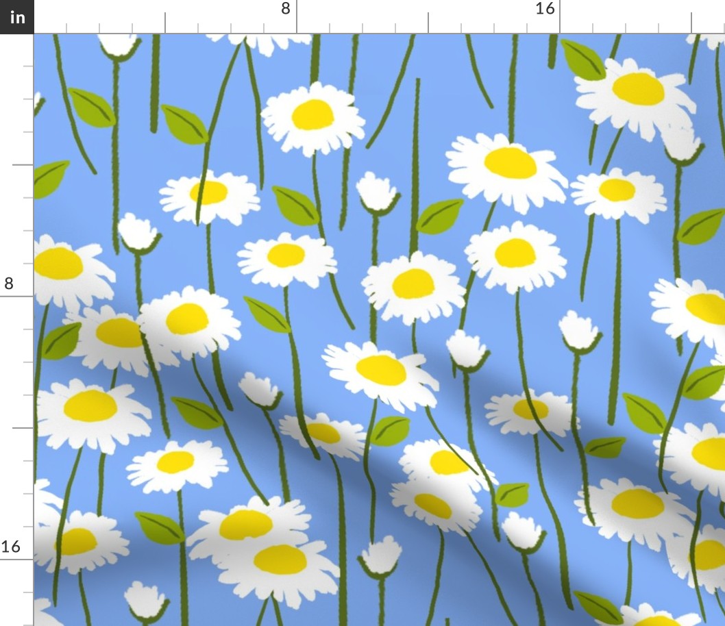 Retro Modern Summer Daisy Flowers On Sky Blue Repeat Pattern