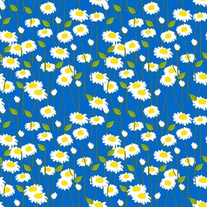 Retro Modern Summer Daisy Flowers On Royal Blue Repeat Pattern
