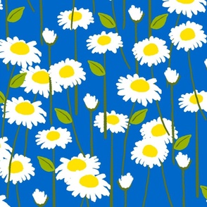 Retro Modern Summer Daisy Flowers On Royal Blue Repeat Pattern