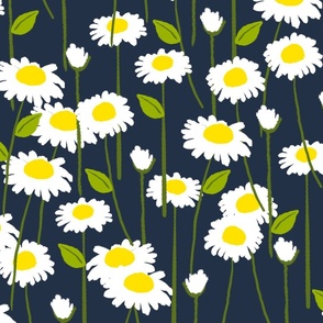 Retro Modern Summer Daisy Flowers On Navy Blue Repeat Pattern