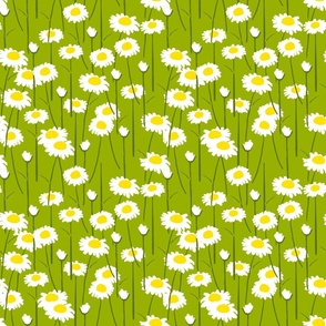 Retro Modern Summer Daisy Flowers On Green Repeat Pattern