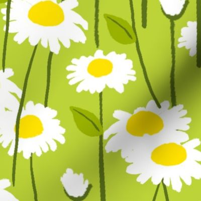 Retro Modern Summer Daisy Flowers On Light Green Repeat Pattern