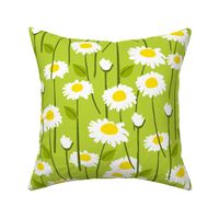 Retro Modern Summer Daisy Flowers On Light Green Repeat Pattern