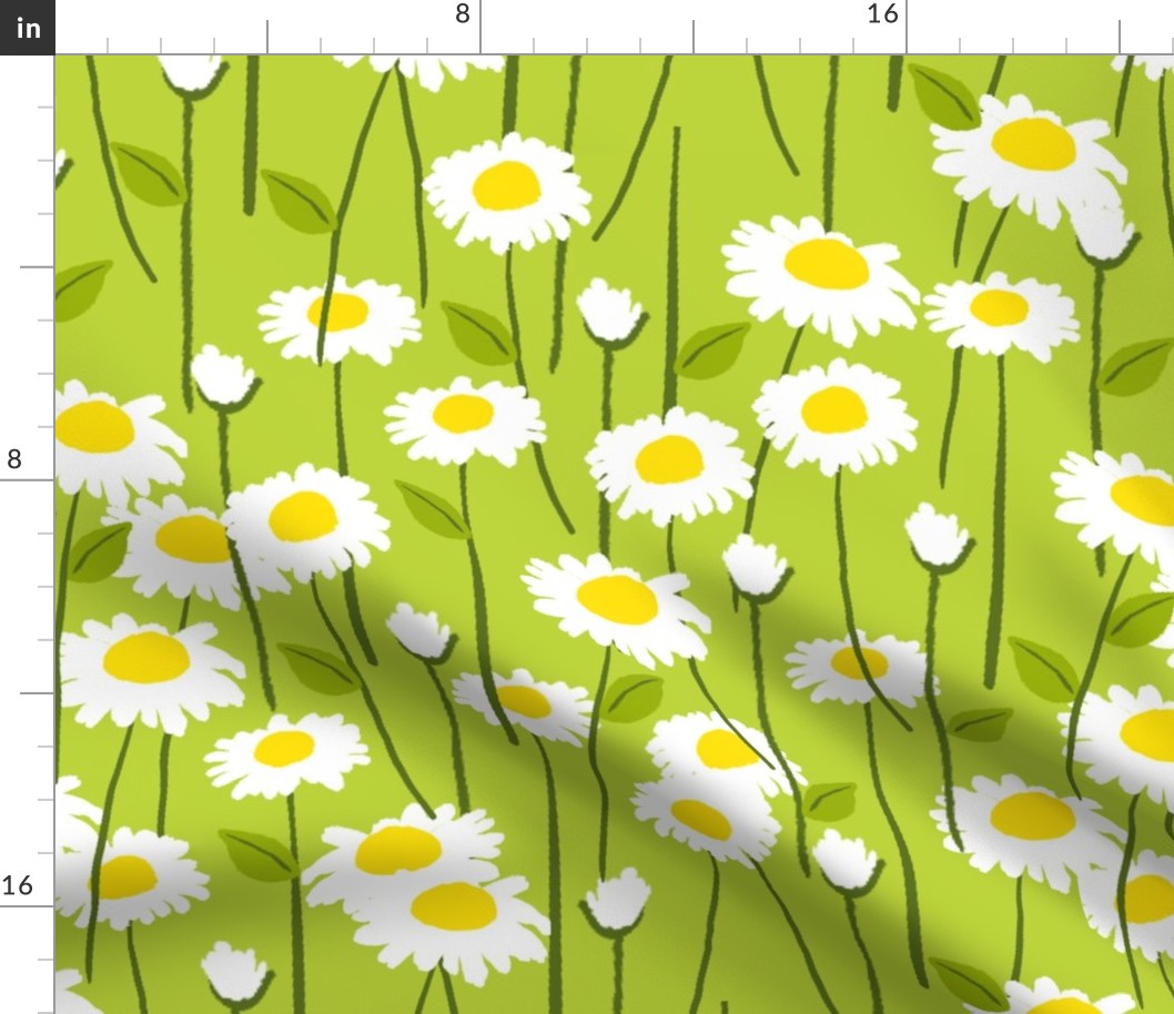 Retro Modern Summer Daisy Flowers On Light Green Repeat Pattern