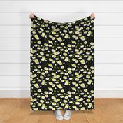 Summer Breeze Daisy Flowers On Black Repeat Retro Modern Yellow White And Green Scandi Swiss Mountain Wildflower Field Prairie Floral Natural Hippy Ditzy 80’s Spring Illustration Pattern