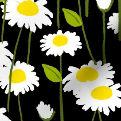 Summer Breeze Daisy Flowers On Black Repeat Retro Modern Yellow White And Green Scandi Swiss Mountain Wildflower Field Prairie Floral Natural Hippy Ditzy 80’s Spring Illustration Pattern