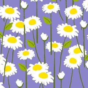Retro Modern Summer Daisy Flowers On Deep Lilac Purple Retro Modern Cottagecore Scandi Repeat Pattern