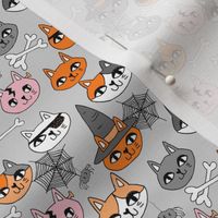 SMALL halloween cats fabric // spooky cute halloween fabric october fall kitty cat design - grey pink and orange