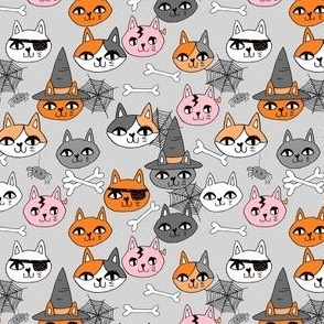 SMALL halloween cats fabric // spooky cute halloween fabric october fall kitty cat design - grey pink and orange