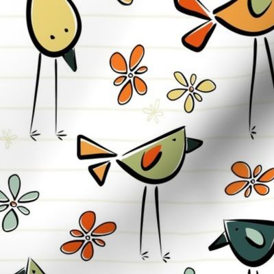 funny birds garden party - vintage colors - birds fabric and wallpaper