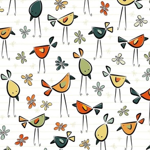 funny birds garden party - vintage colors - birds fabric and wallpaper