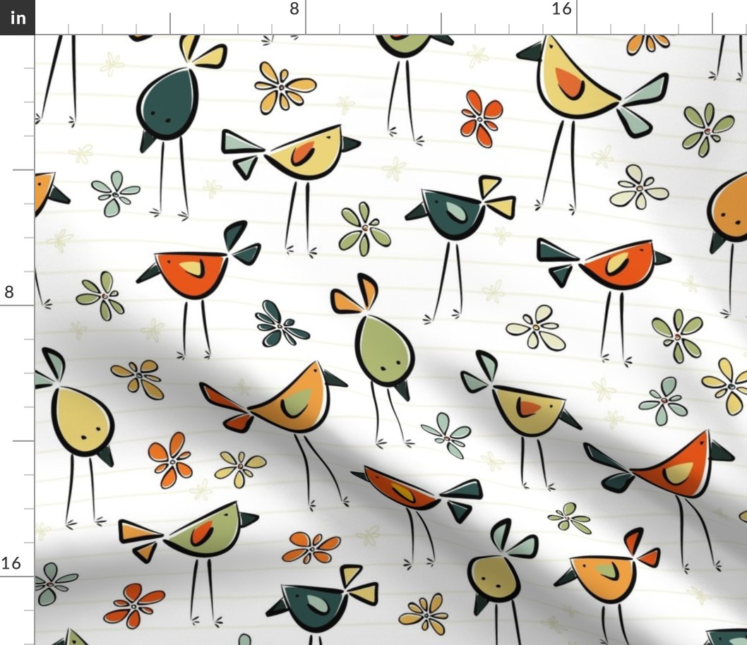 funny birds garden party - vintage colors - birds fabric and wallpaper