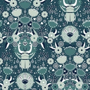 Rhinoceros beetles and abstract flowers, Light turquoise on a dark turquoise background