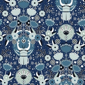 Rhinoceros beetles and abstract flowers, Light blue on a dark blue background