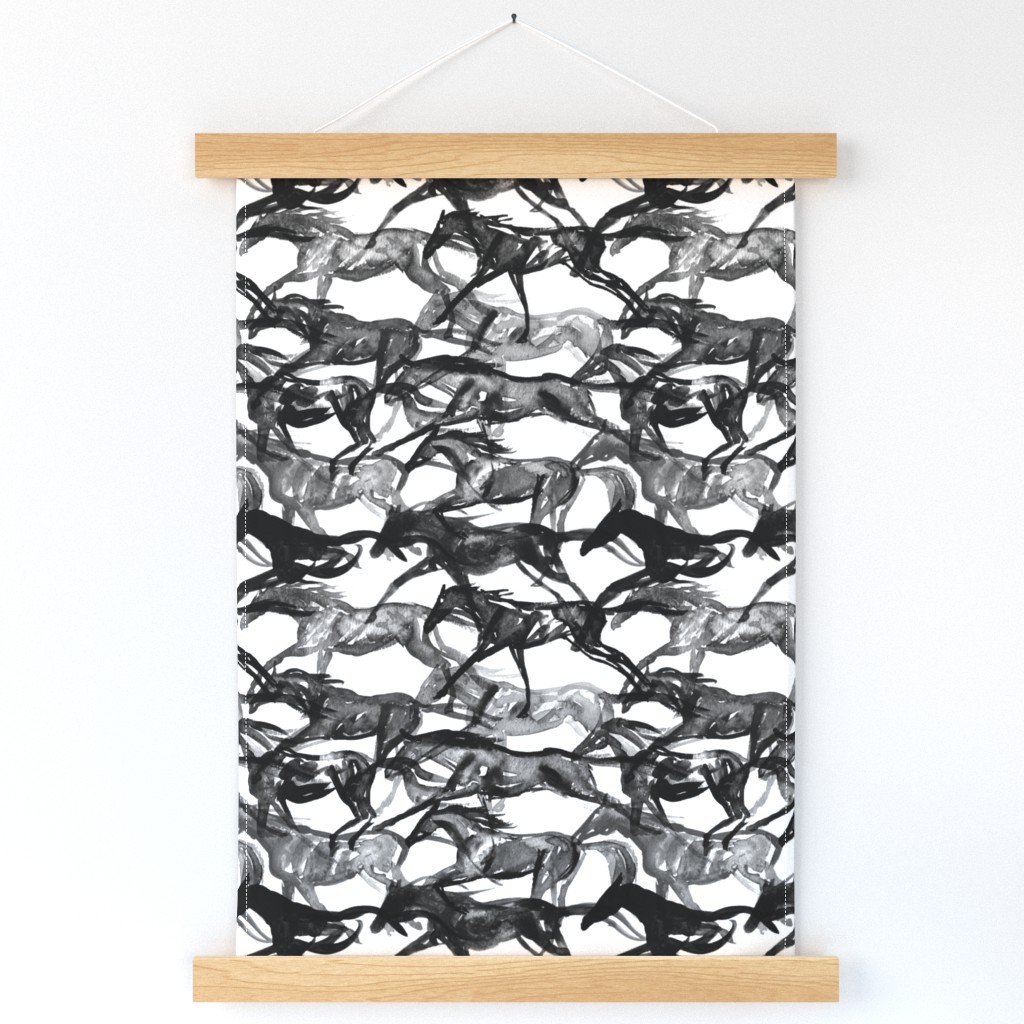 "Galloping Watercolor" - Abstract Black & White Galloping Horses 