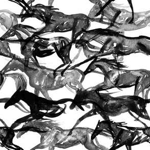 "Galloping Watercolor" - Abstract Black & White Galloping Horses 