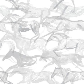"Galloping Watercolor II" - Abstract Grey & White Galloping Horses 