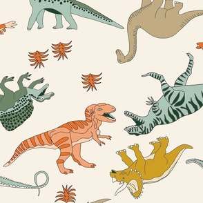 JUMBO dinoworld dinosaur fabric - tyrannosaurus rex fabric, triceratops fabric, dinosaurs fabric, boy fabric, baby boy fabric -  cream