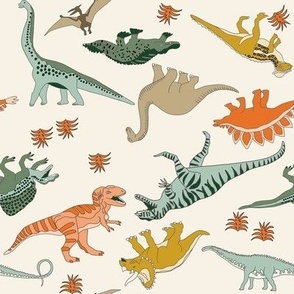 MEDIUM  dinoworld dinosaur fabric - tyrannosaurus rex fabric, triceratops fabric, dinosaurs fabric, boy fabric, baby boy fabric -  cream