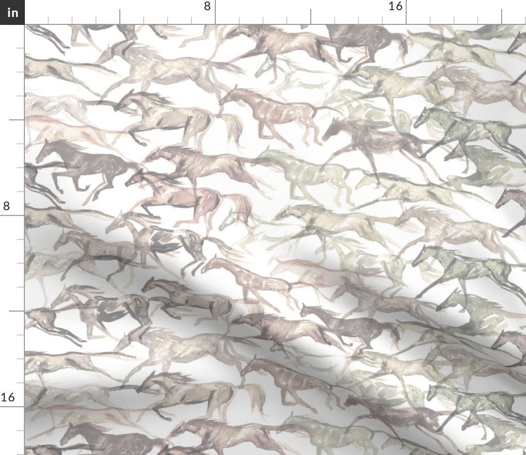 "Greige Gallop" - Grey/Beige Neutral Watercolor Galloping Horses 