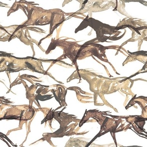 "Gallop in Brown" - Brown Galloping Watercolor Horses