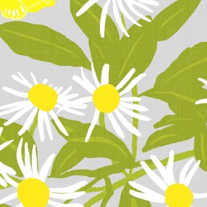 Modern Summer Daisies Flower Field Bright White And Yellow Daisy Floral Grey Repeat Pattern