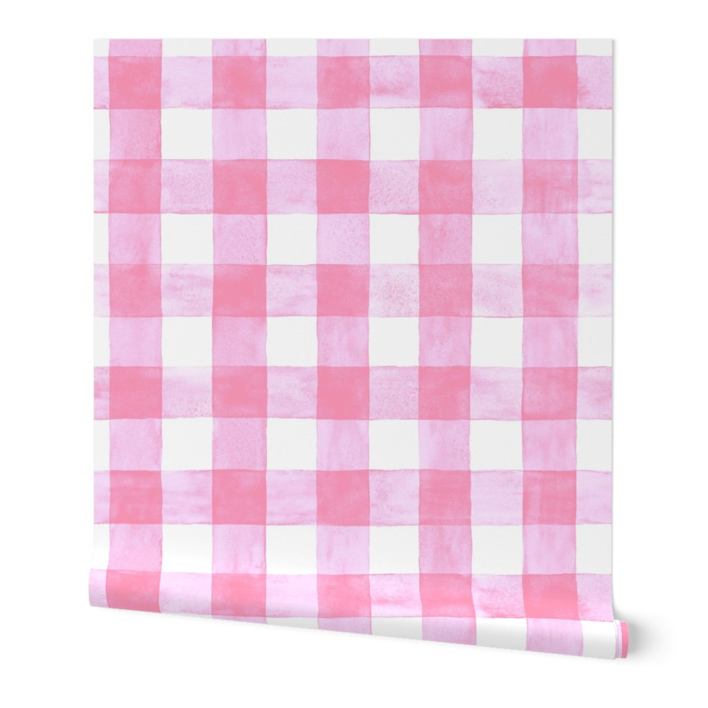 Carnation Pink Watercolor Gingham Buffalo Plaid - Large - Painted Checkers