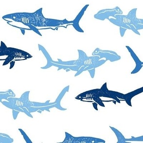 Sharks Block Print Ocean Stripes Blue by Angel Gerardo - Large Scale
