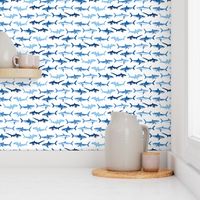 Sharks Block Print Ocean Stripes Blue by Angel Gerardo