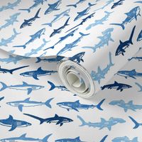 Sharks Block Print Ocean Stripes Blue by Angel Gerardo