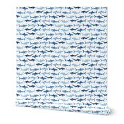 Sharks Block Print Ocean Stripes Blue by Angel Gerardo
