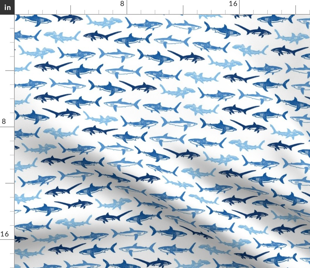 Sharks Block Print Ocean Stripes Blue by Angel Gerardo