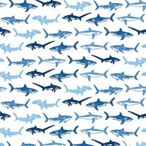 Sharks Block Print Ocean Stripes Blue by Angel Gerardo - Small Scale