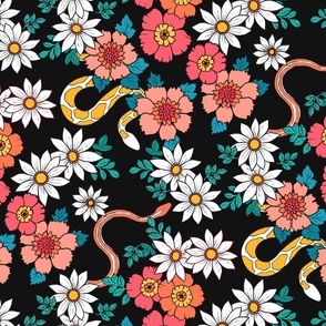 Slithering Seventies Snake Floral - on black 