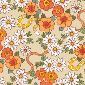 Slithering Seventies Snake Floral - small, orange on tan 