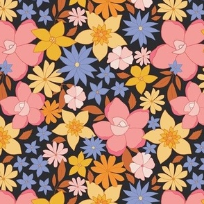 Retro Floral Wildflowers - Black